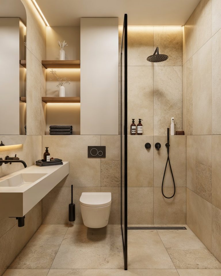 Modern Luxury Bathroom Design with Natural Materials and Warm Lighting