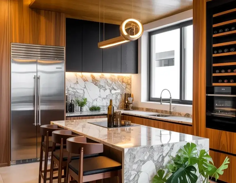Budget Modern Luxury Kitchen with Wood Ceiling & Marble Island | Affordable Design Inspiration